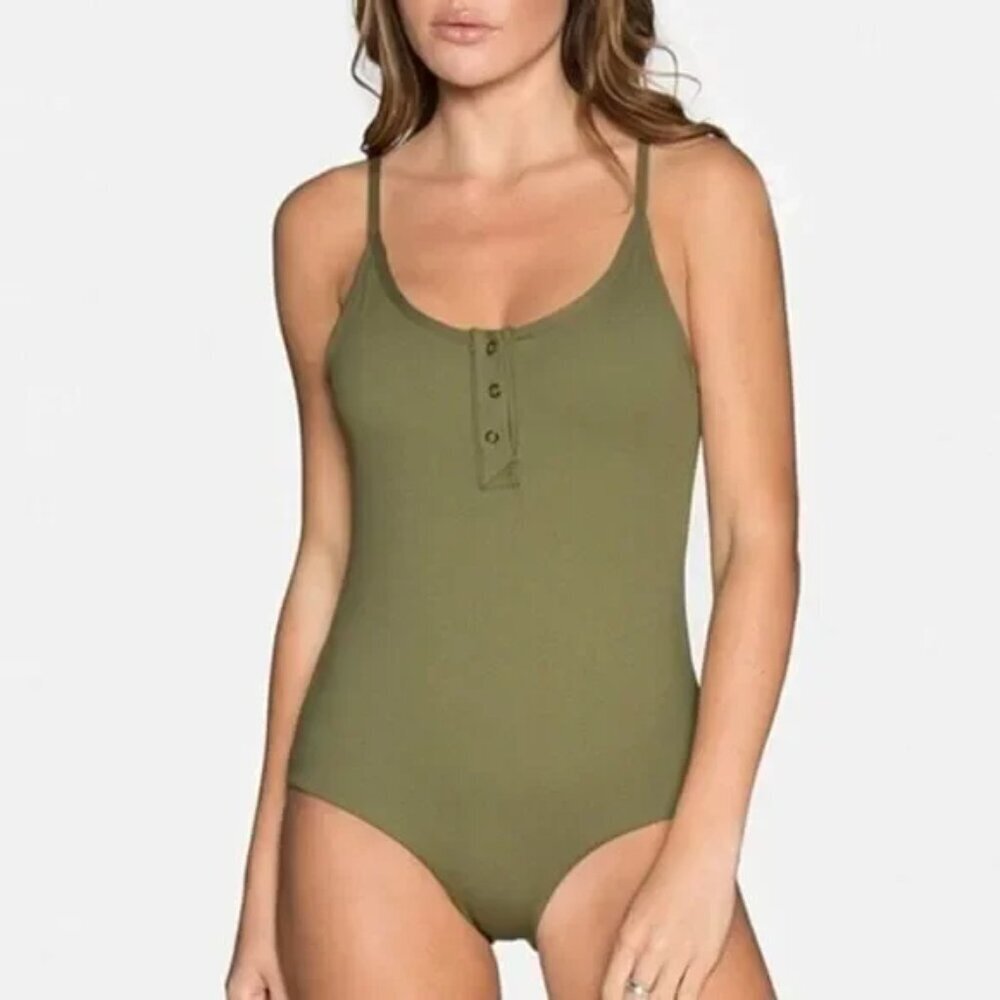 Tavik Lila Ribbed One Piece‎ Swimsuit Olive Green Medium Low Back Button Tank